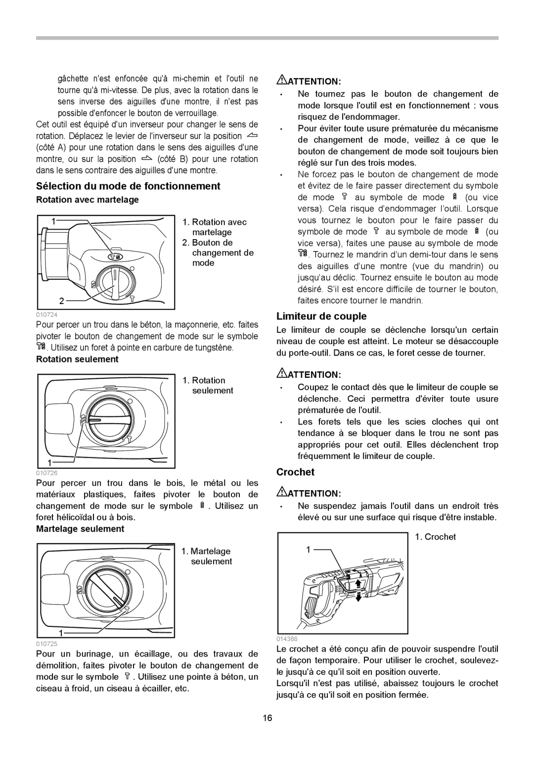 Makita HR2621X2 instruction manual Sélection du mode de fonctionnement, Limiteur de couple, Crochet 