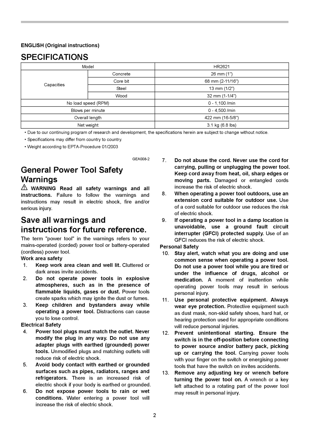 Makita HR2621X2 instruction manual Specifications, English Original instructions 