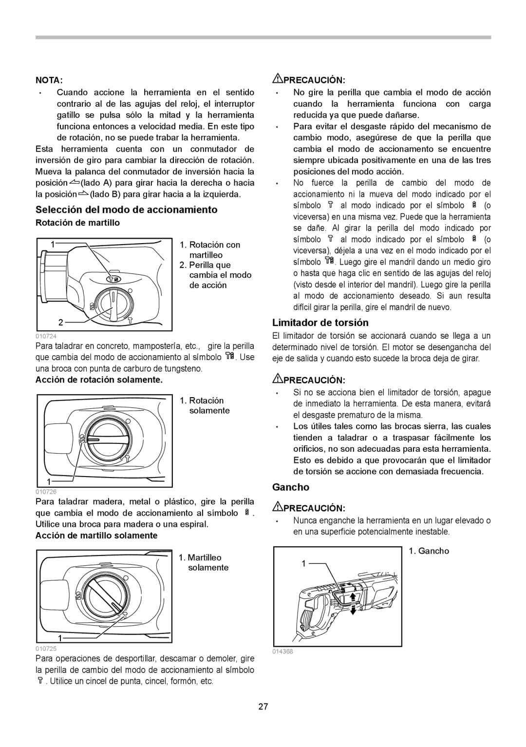 Makita HR2621X2 instruction manual Selección del modo de accionamiento, Limitador de torsión, Gancho 