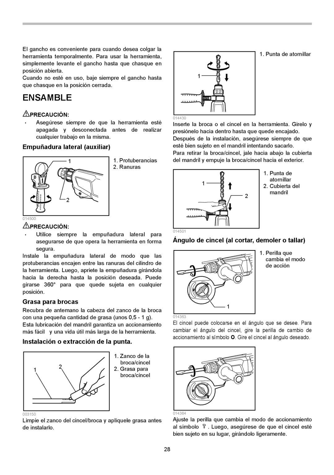 Makita HR2621 Ensamble, Empuñadura lateral auxiliar, Ángulo de cincel al cortar, demoler o tallar, Grasa para brocas 