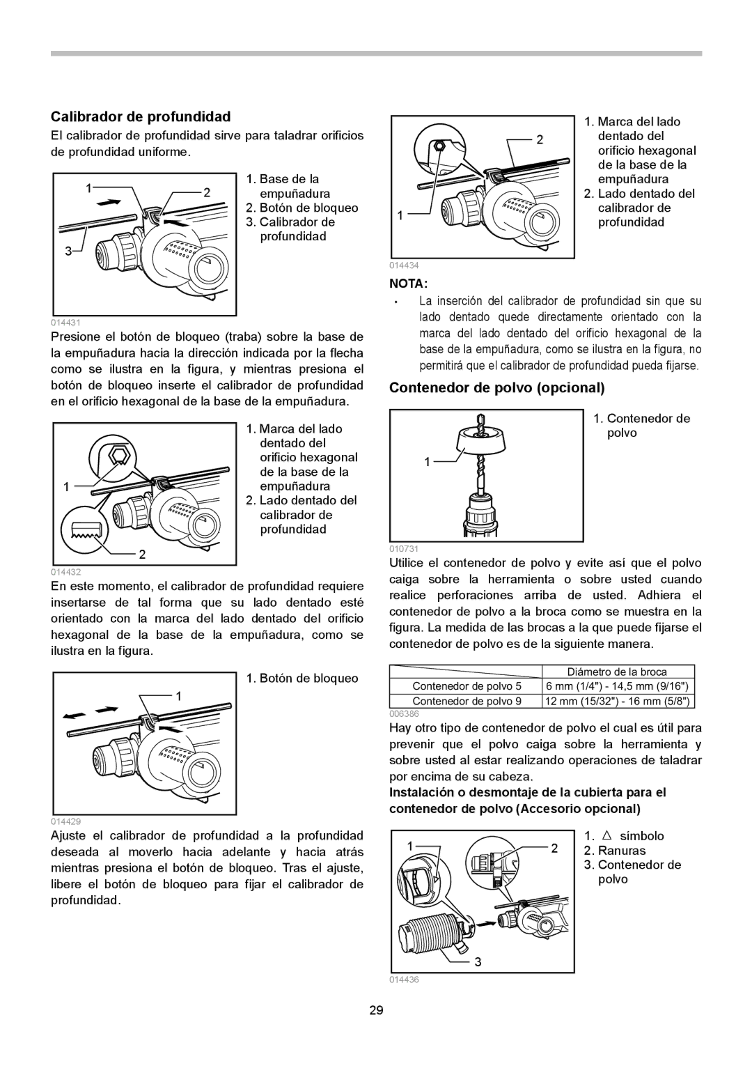 Makita HR2621X2 instruction manual Calibrador de profundidad, Contenedor de polvo opcional 