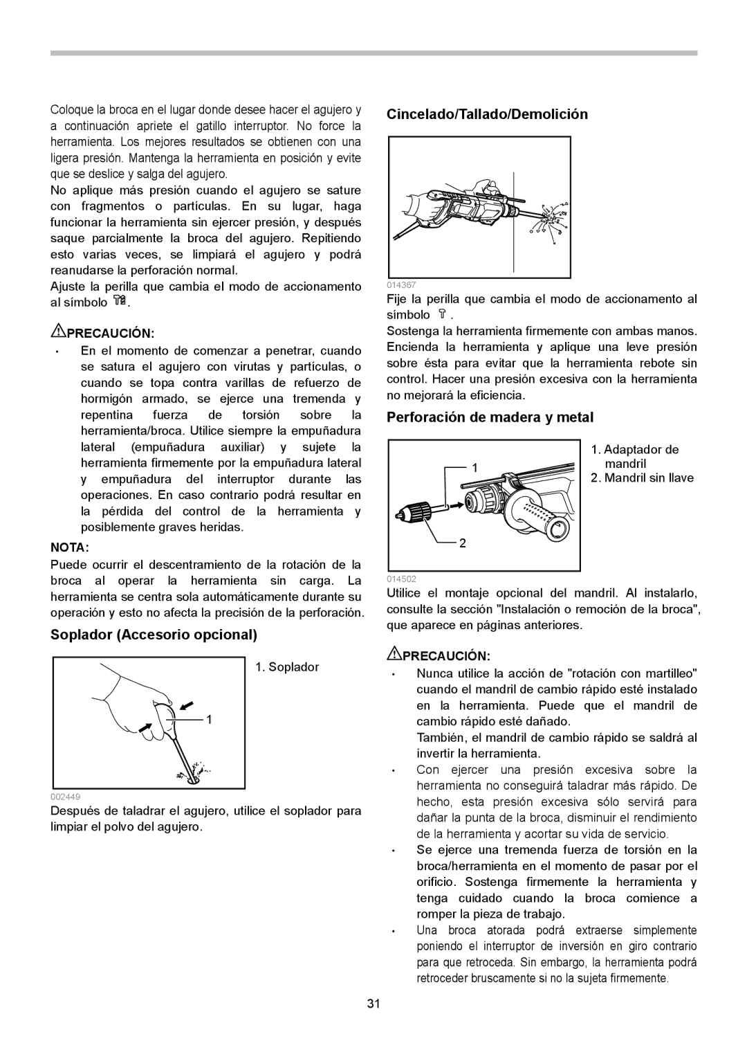 Makita HR2621X2 instruction manual Soplador Accesorio opcional, Perforación de madera y metal 