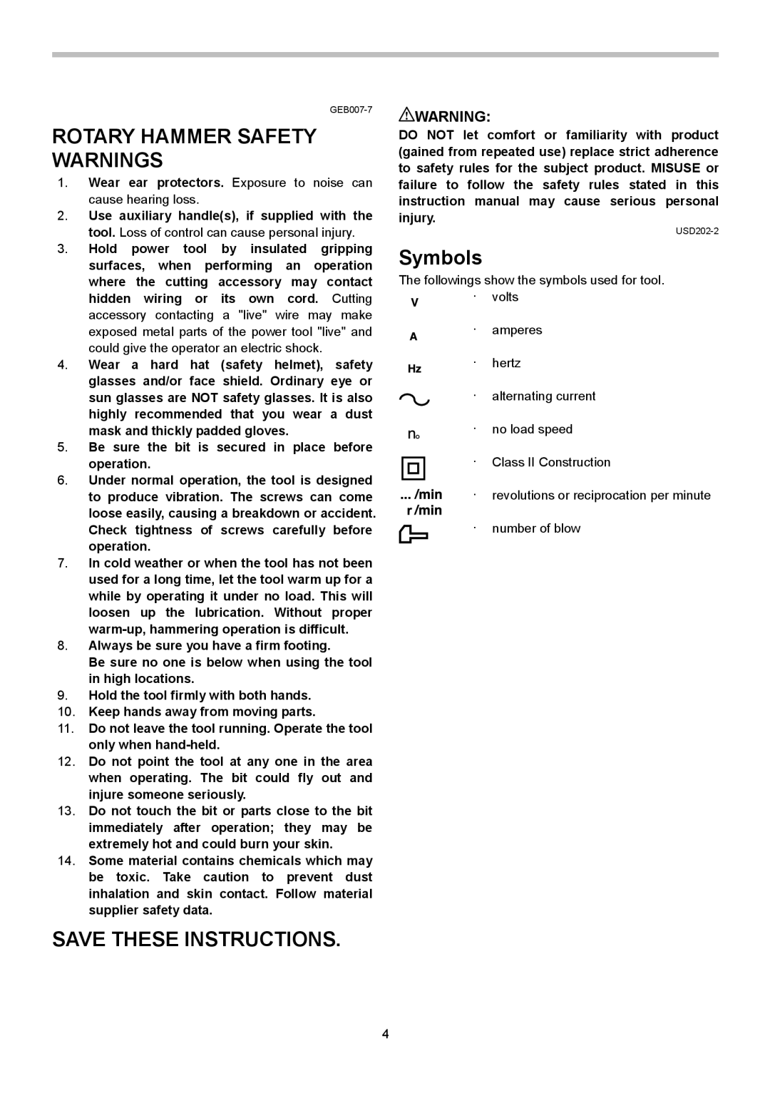 Makita HR2621X2 instruction manual Rotary Hammer Safety Warnings, Symbols 