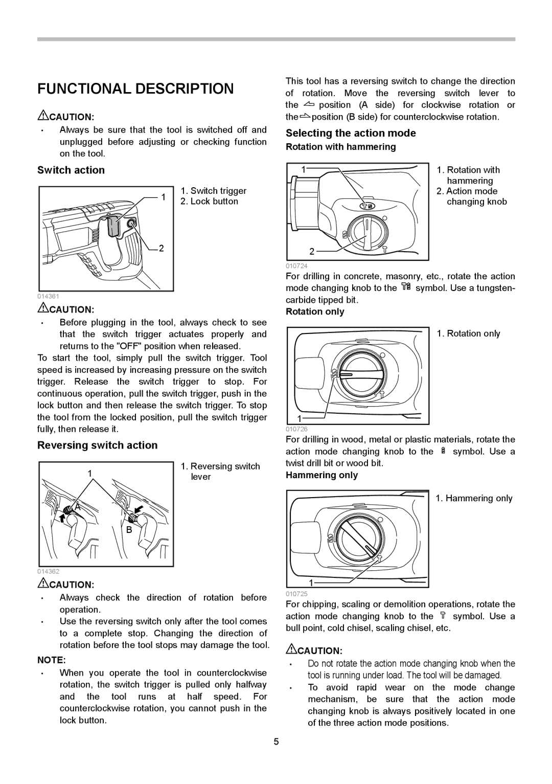 Makita HR2621X2 Functional Description, Switch action, Selecting the action mode, Reversing switch action 