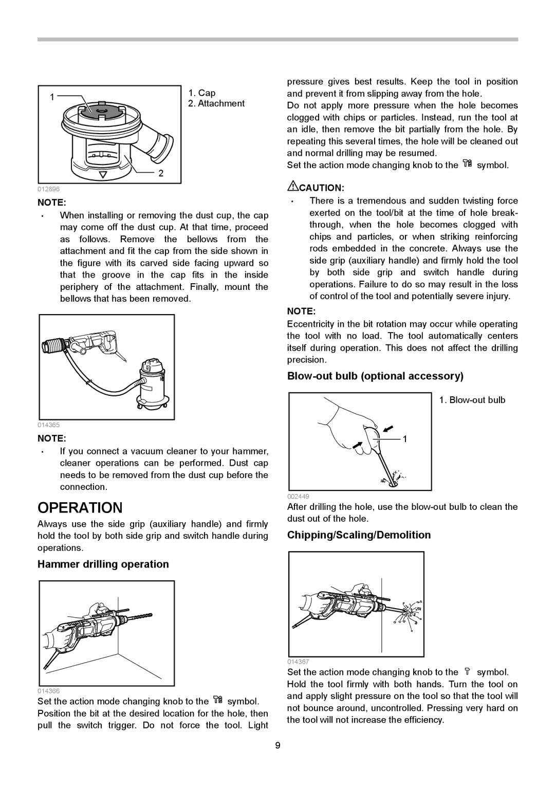 Makita HR2621X2 instruction manual Operation, Hammer drilling operation, Blow-out bulb optional accessory 