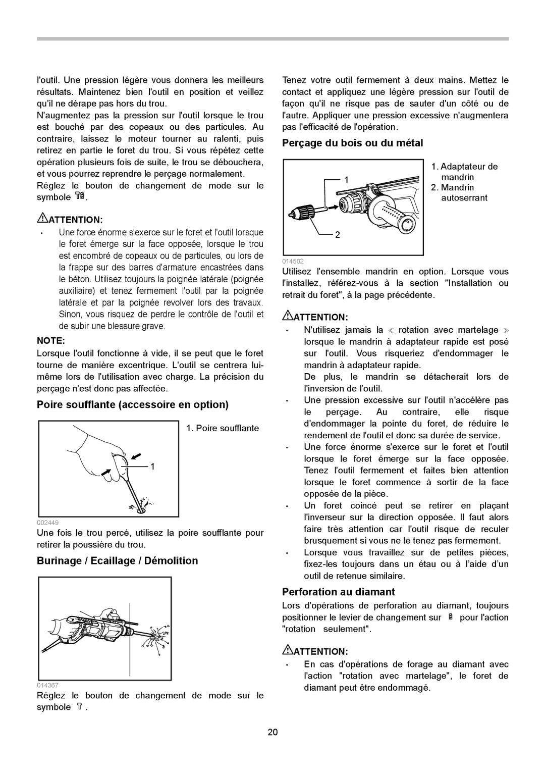 Makita HR2621 instruction manual Poire soufflante accessoire en option, Perçage du bois ou du métal, Perforation au diamant 