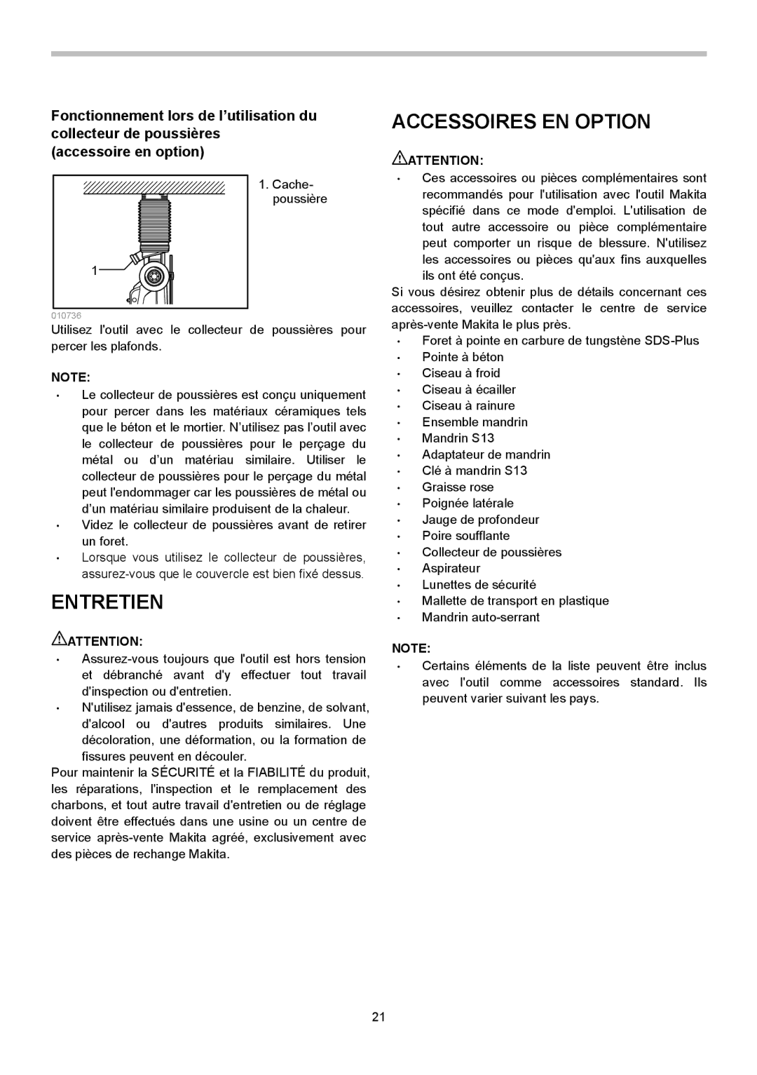 Makita HR2621 instruction manual Accessoires EN Option, Entretien 