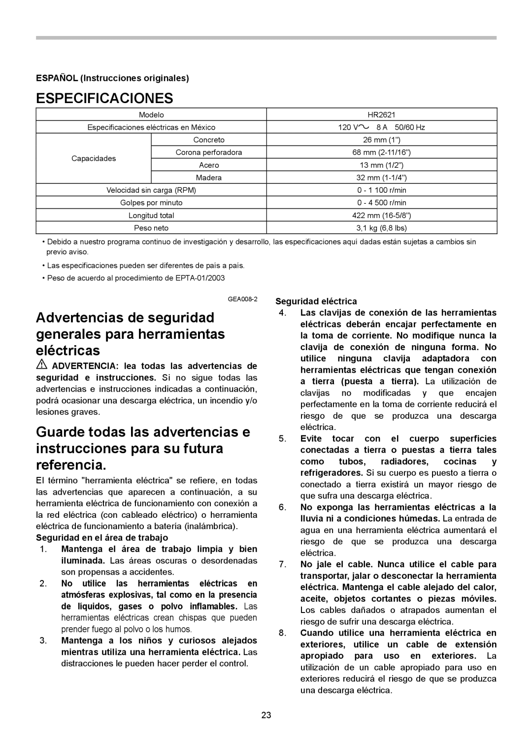 Makita HR2621 instruction manual Especificaciones, Español Instrucciones originales 