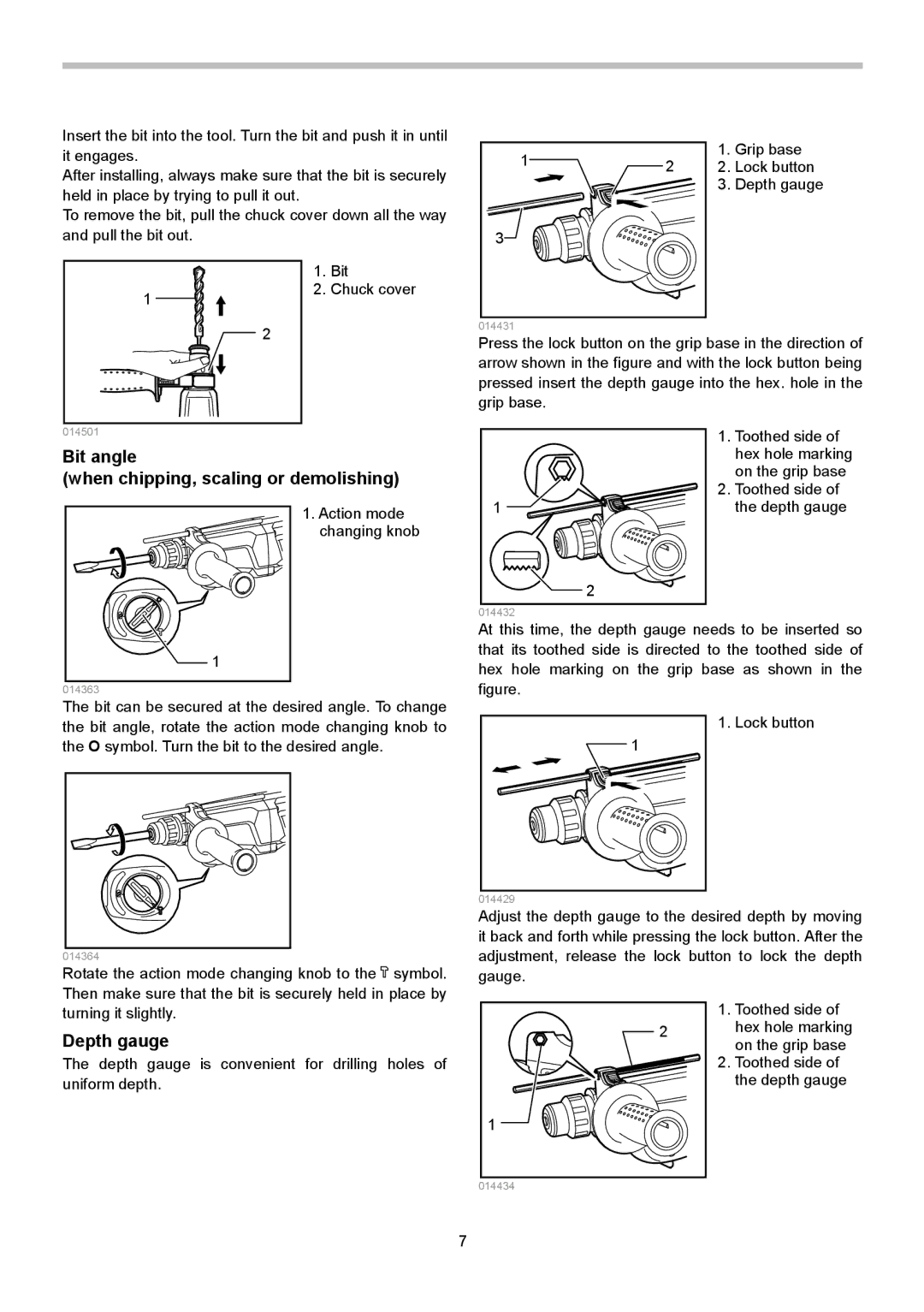 Makita HR2621 instruction manual Bit angle When chipping, scaling or demolishing, Depth gauge 