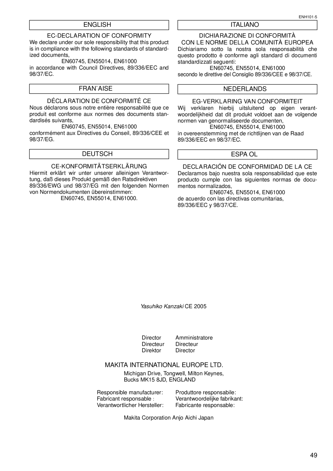 Makita HR3000C instruction manual English, Italiano, Française, Nederlands, Deutsch, Español 