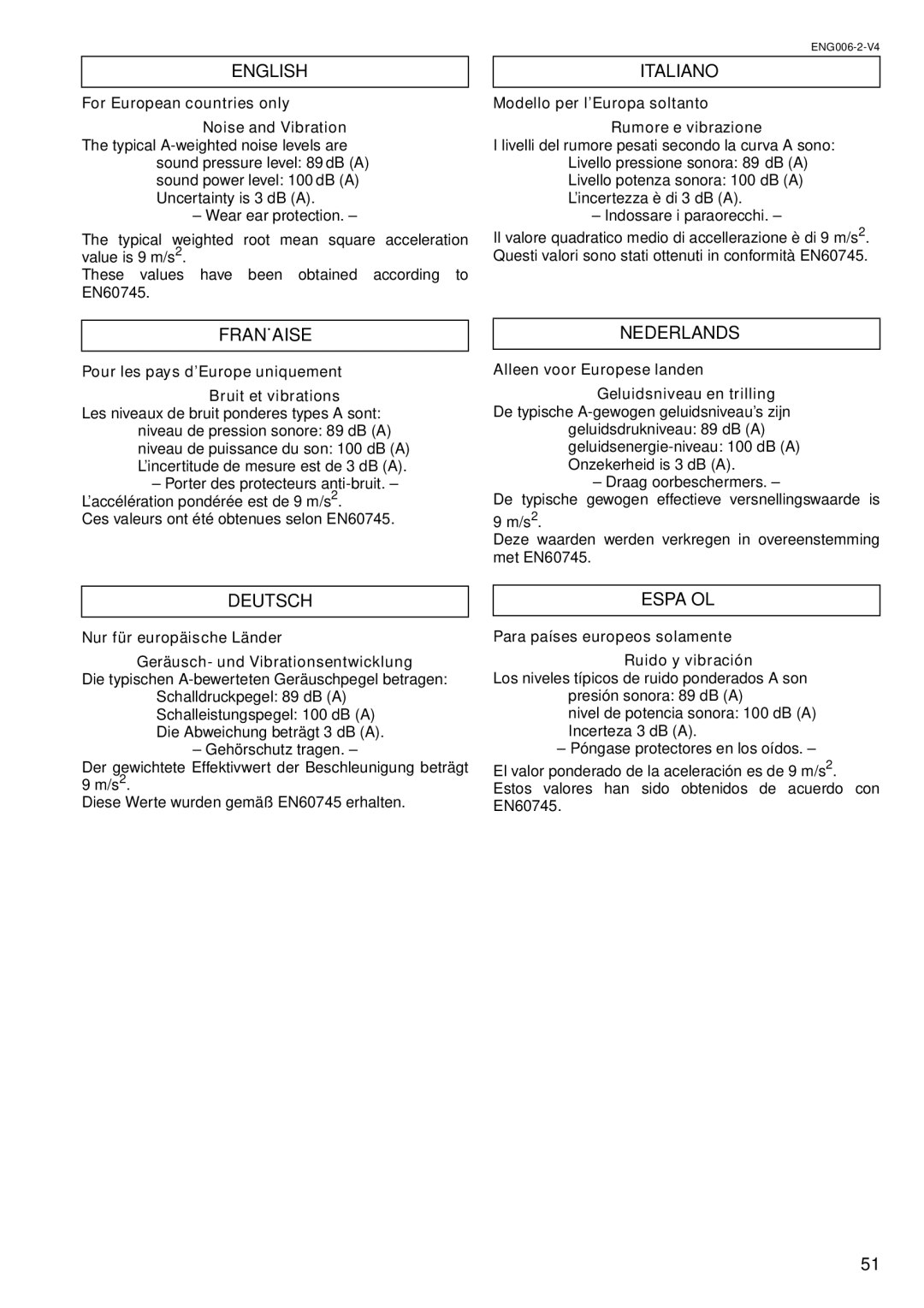 Makita HR3000C instruction manual Deutsch Español, Modello per l’Europa soltanto Rumore e vibrazione 