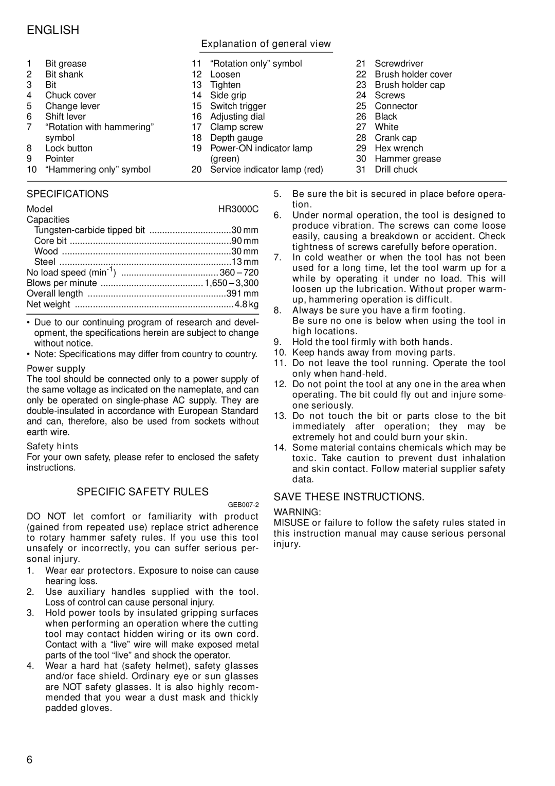 Makita HR3000C instruction manual Specific Safety Rules, Explanation of general view, Specifications 