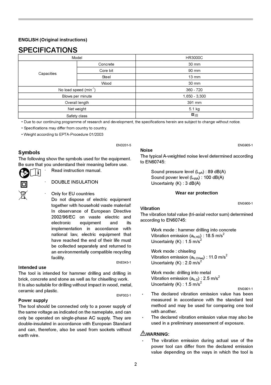 Makita HR3000C instruction manual Specifications, Symbols 