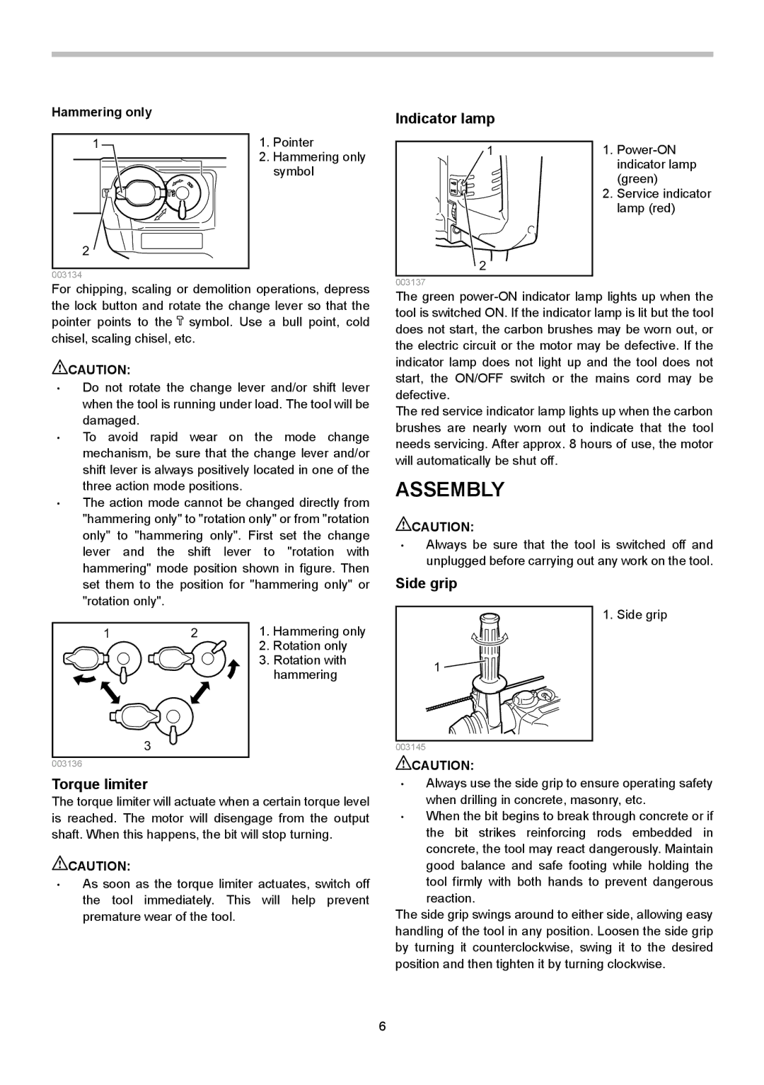 Makita HR3000C instruction manual Assembly, Indicator lamp, Side grip, Torque limiter 