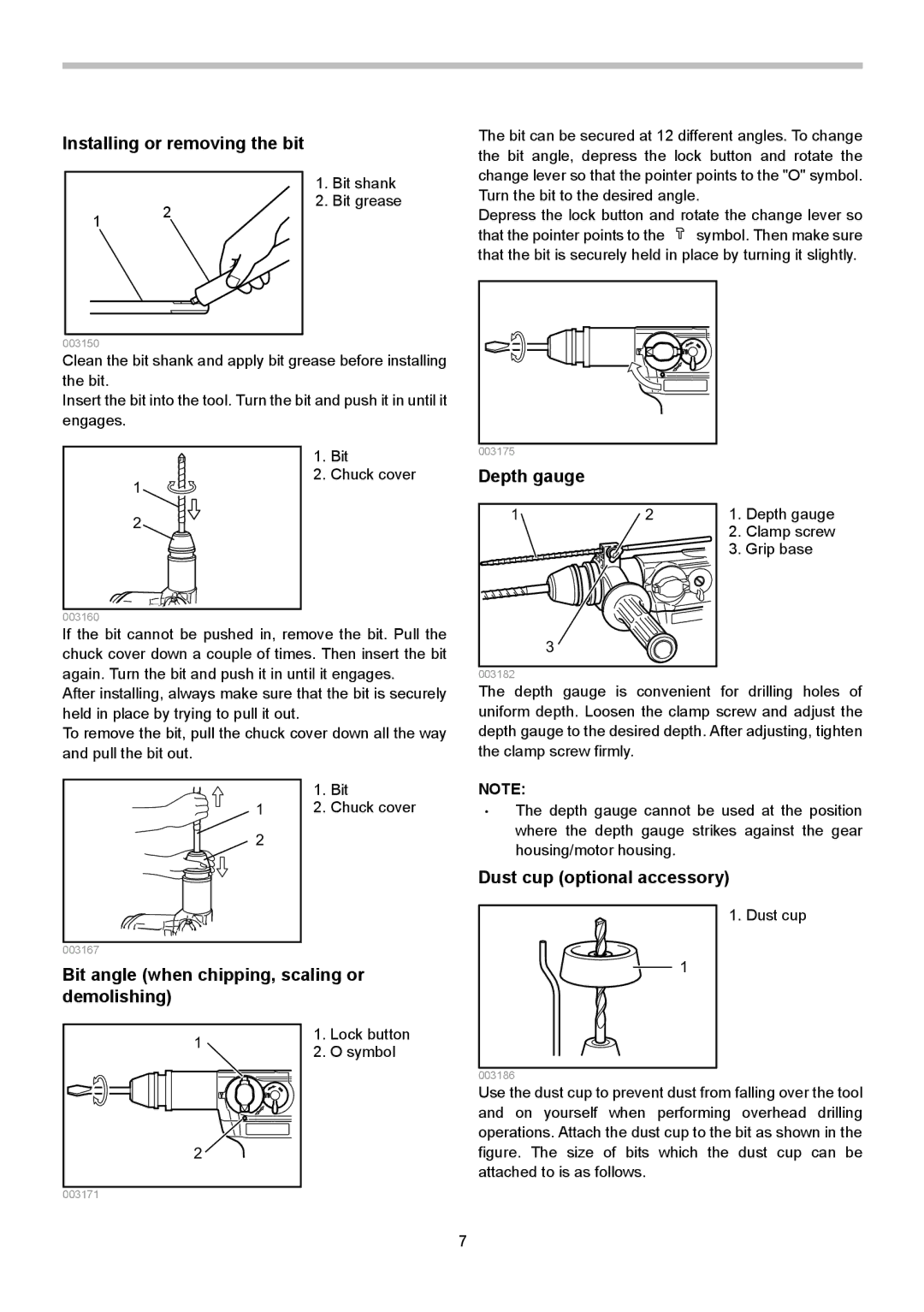 Makita HR3000C Installing or removing the bit, Bit angle when chipping, scaling or demolishing, Depth gauge 