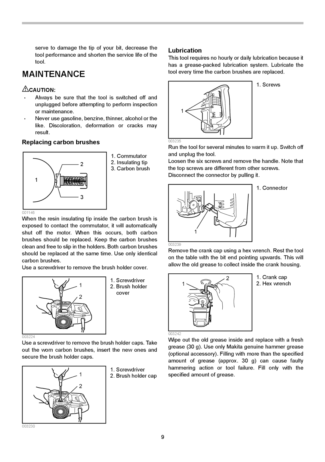 Makita HR3000C instruction manual Maintenance, Replacing carbon brushes Lubrication 