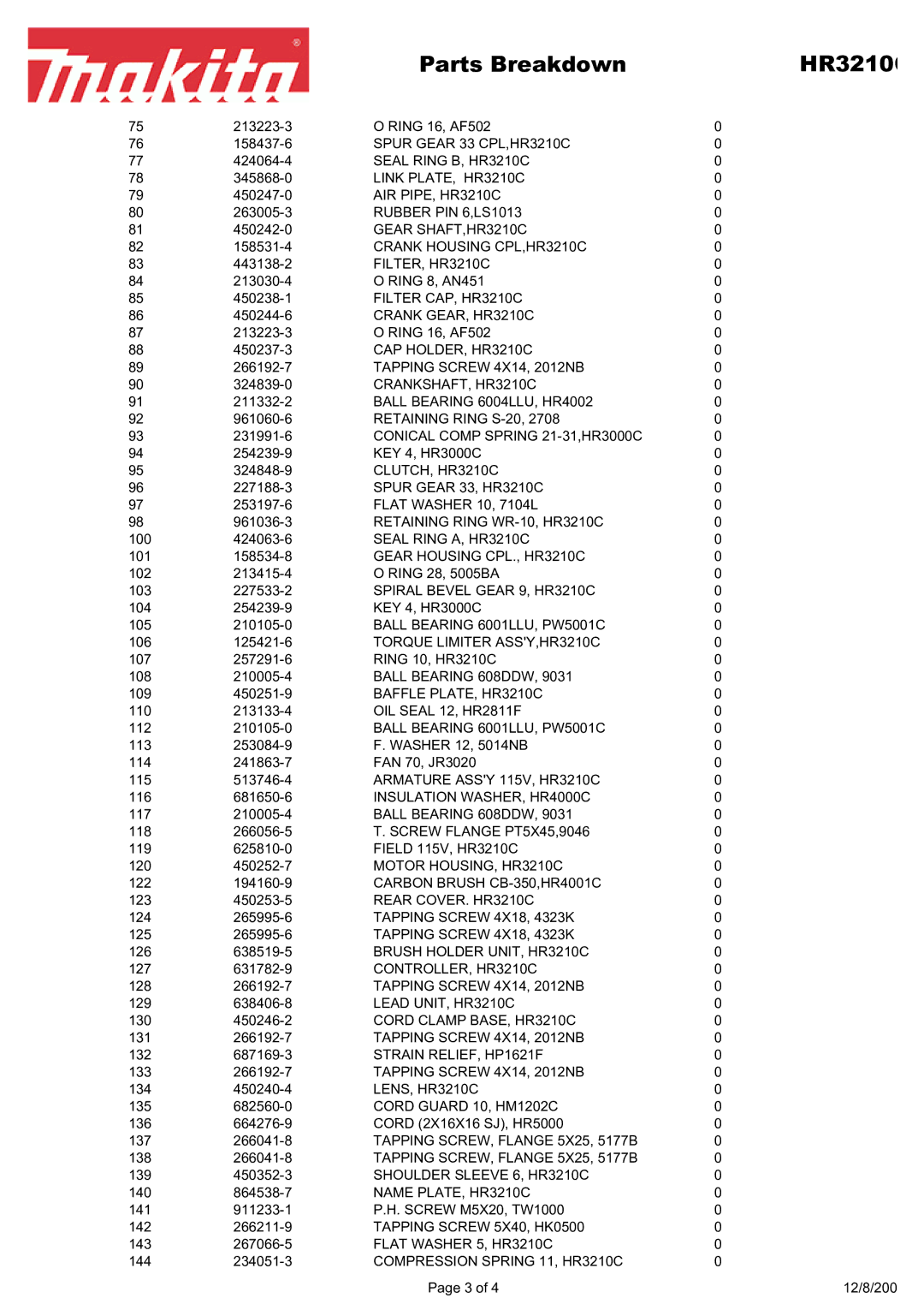 Makita HR3210C manual Parts Breakdown HR3210 