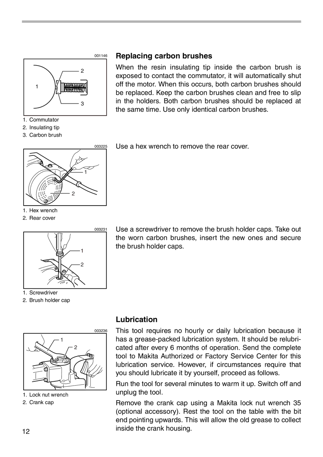 Makita HR3851 instruction manual Replacing carbon brushes, Lubrication 