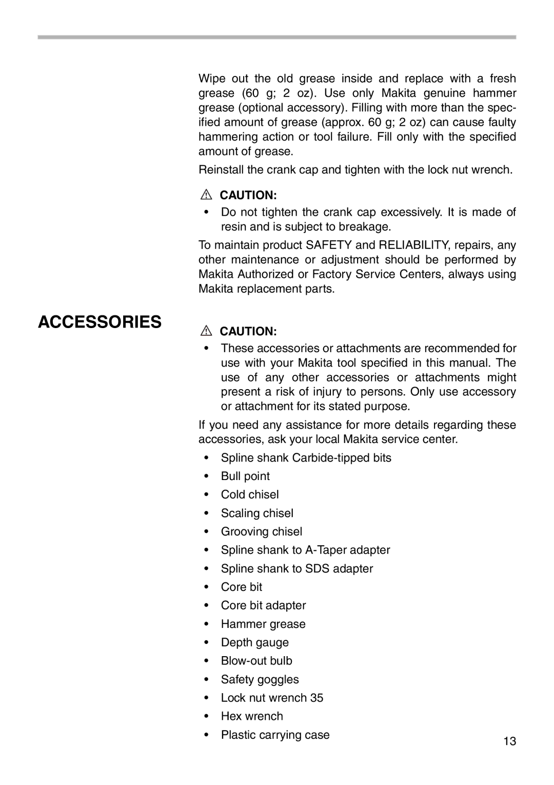 Makita HR3851 instruction manual Accessories 