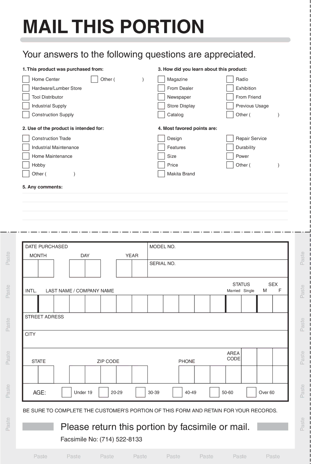 Makita HR3851 instruction manual Mail this Portion 