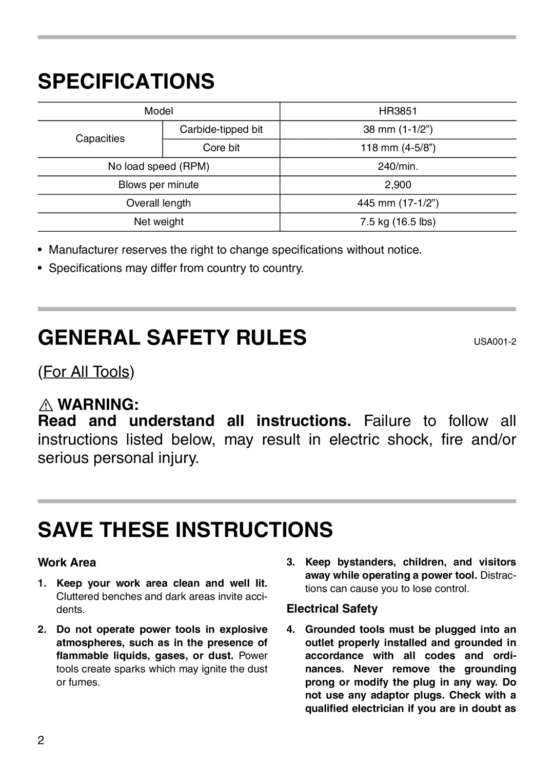 Makita HR3851 instruction manual Work Area, Electrical Safety 