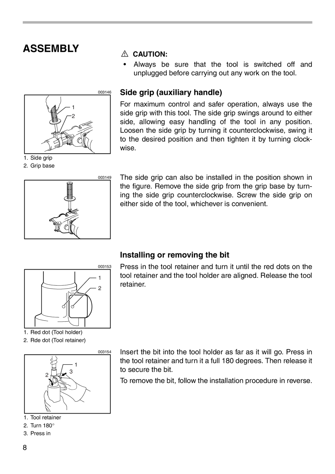 Makita HR3851 instruction manual Assembly, Side grip auxiliary handle, Installing or removing the bit 