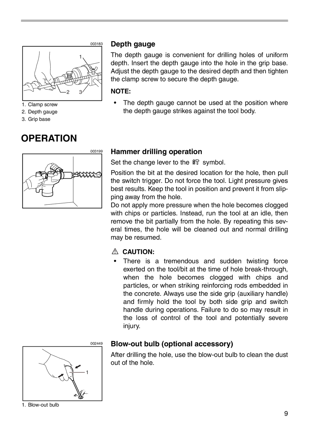 Makita HR3851 instruction manual Operation, Depth gauge, Hammer drilling operation, Blow-out bulb optional accessory 