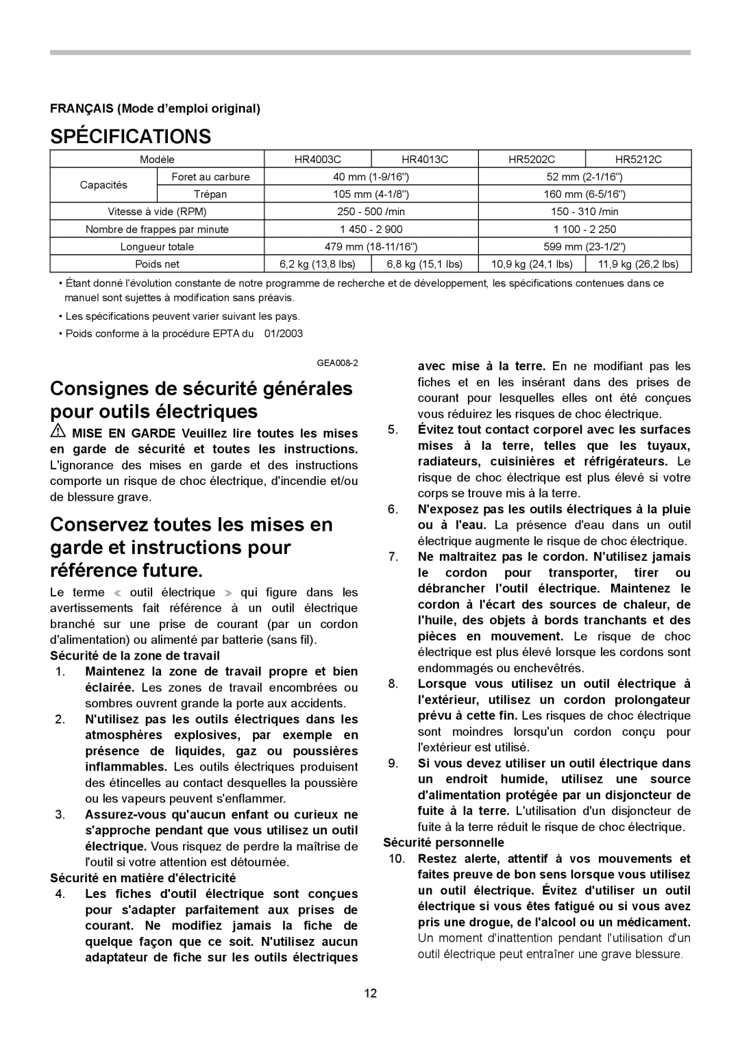 Makita HR4013C instruction manual Spécifications, Français Mode d’emploi original 