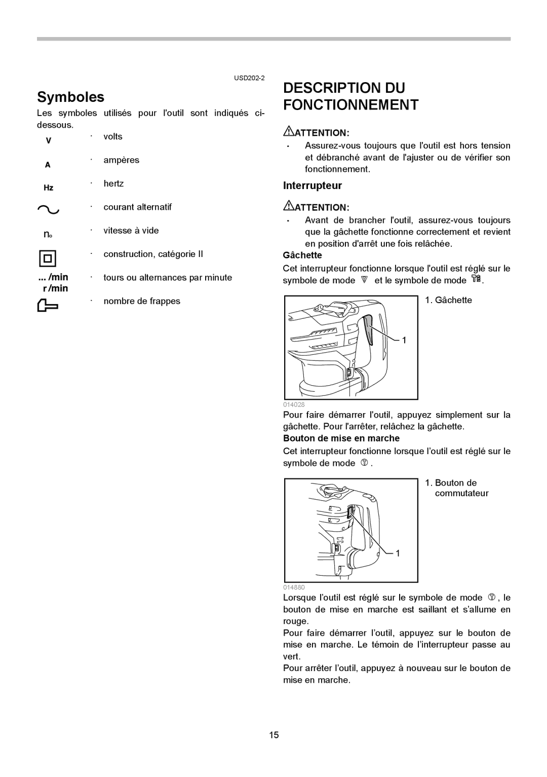 Makita HR4013C instruction manual Description DU Fonctionnement, Interrupteur, Gâchette, Bouton de mise en marche 