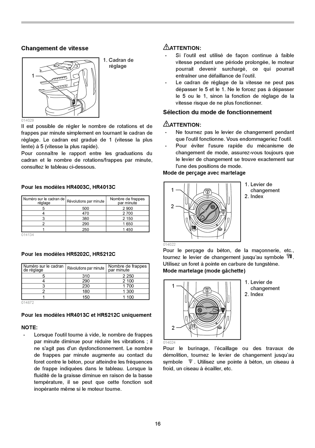 Makita HR4013C instruction manual Changement de vitesse, Sélection du mode de fonctionnement 