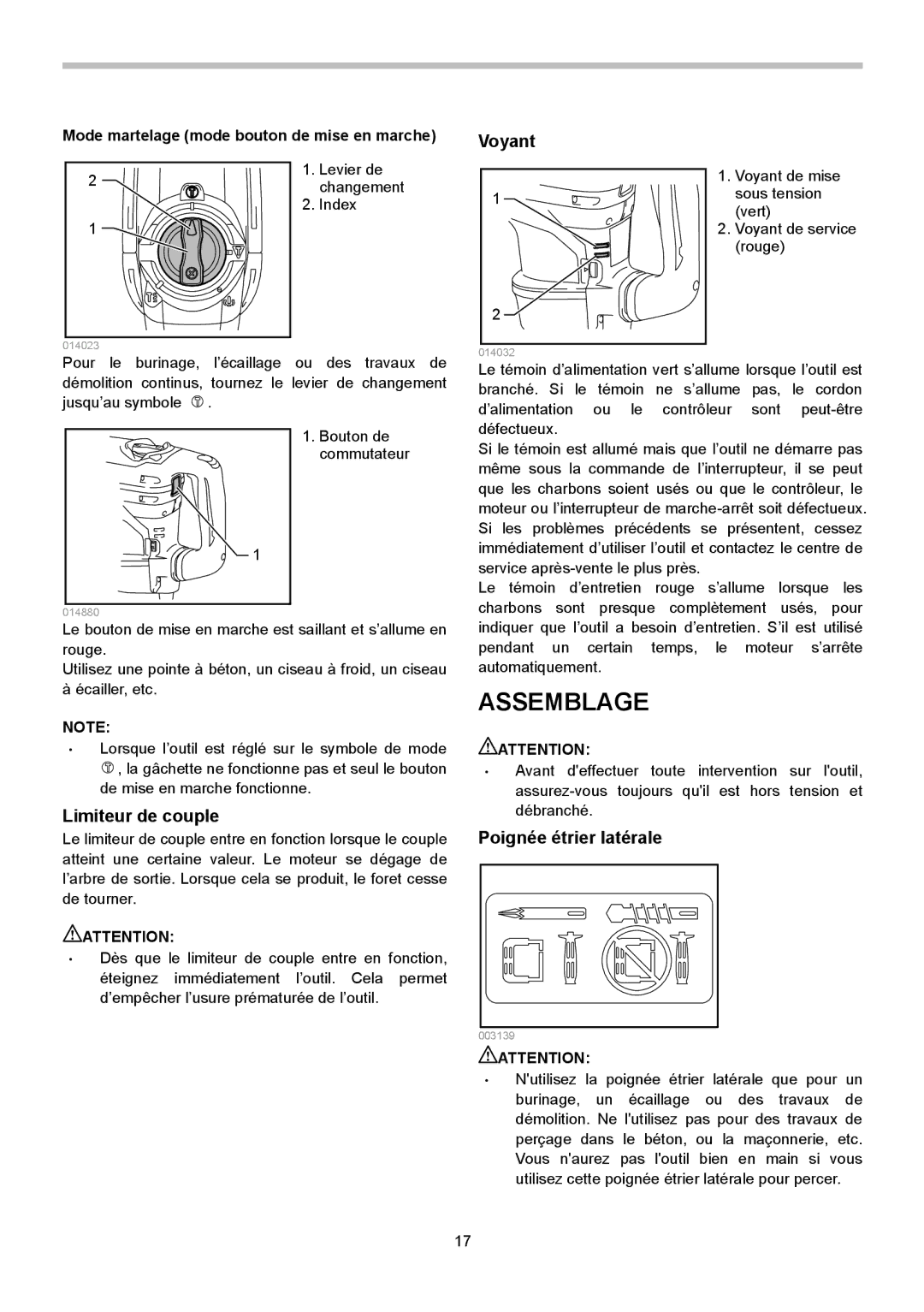 Makita HR4013C instruction manual Assemblage, Voyant, Limiteur de couple, Mode martelage mode bouton de mise en marche 