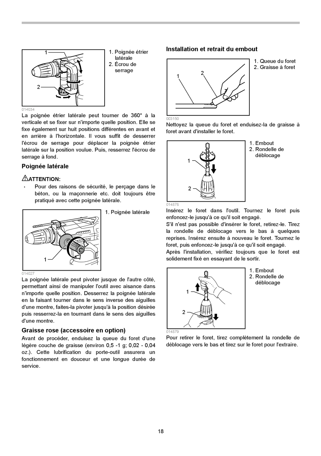 Makita HR4013C instruction manual Installation et retrait du embout, Poignée latérale, Graisse rose accessoire en option 