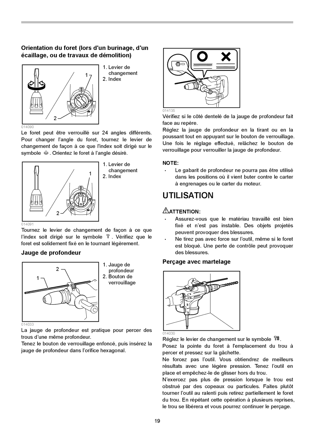 Makita HR4013C instruction manual Utilisation, Jauge de profondeur, Perçage avec martelage 