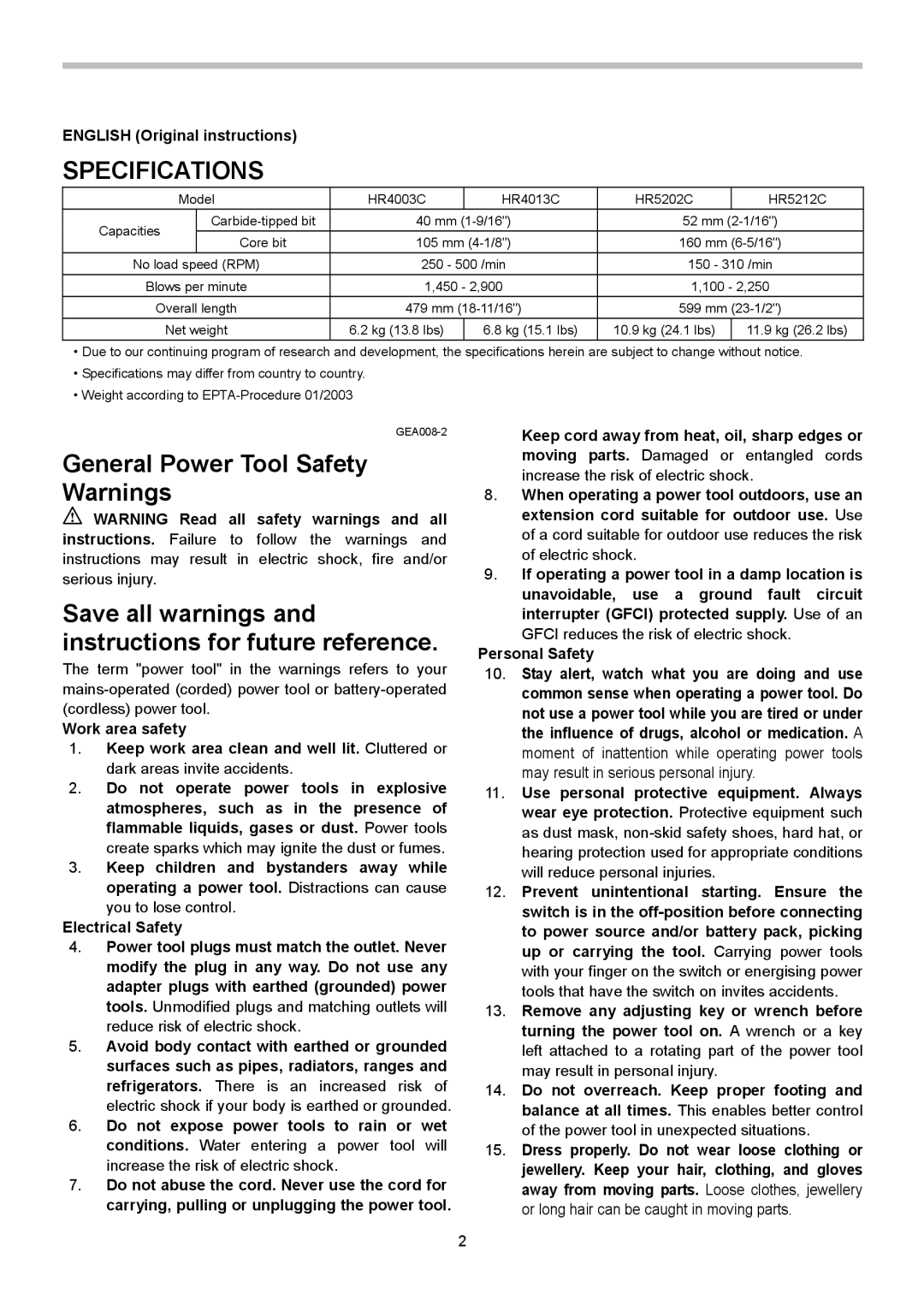 Makita HR4013C instruction manual Specifications, English Original instructions, Personal Safety 