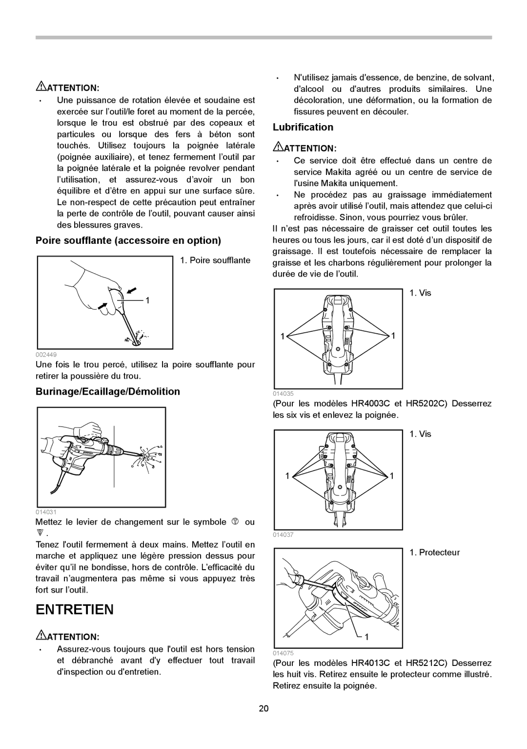 Makita HR4013C Entretien, Poire soufflante accessoire en option, Lubrification, Burinage/Ecaillage/Démolition 