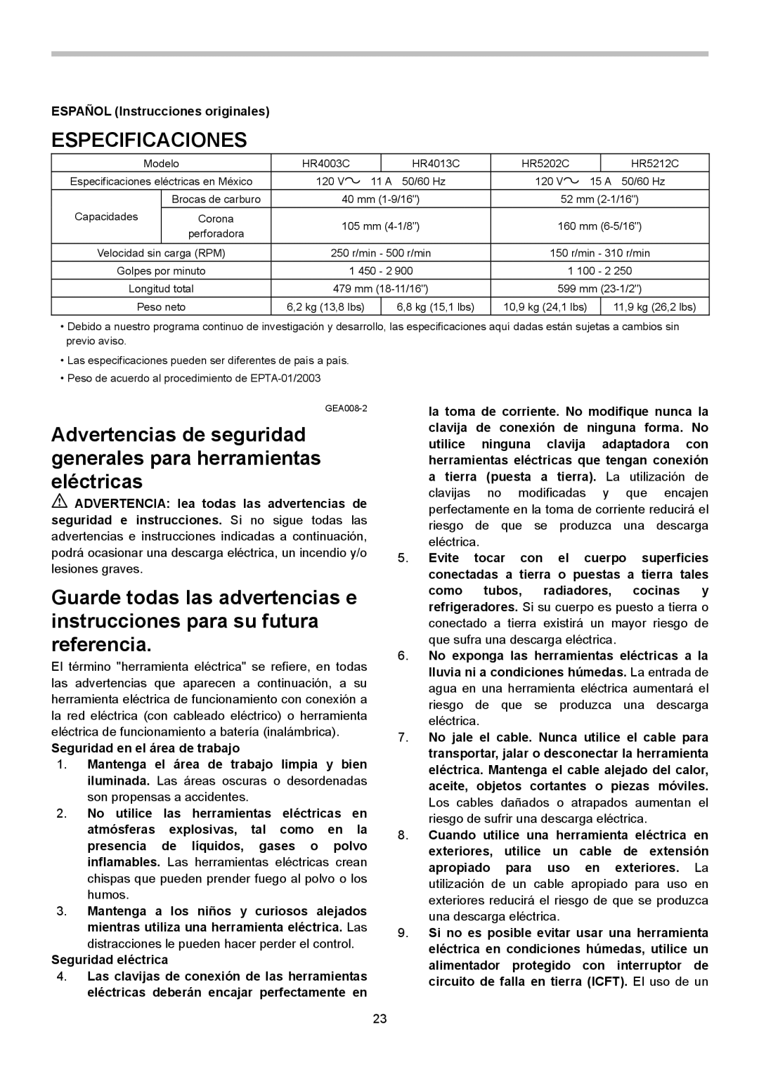 Makita HR4013C instruction manual Especificaciones, Español Instrucciones originales 