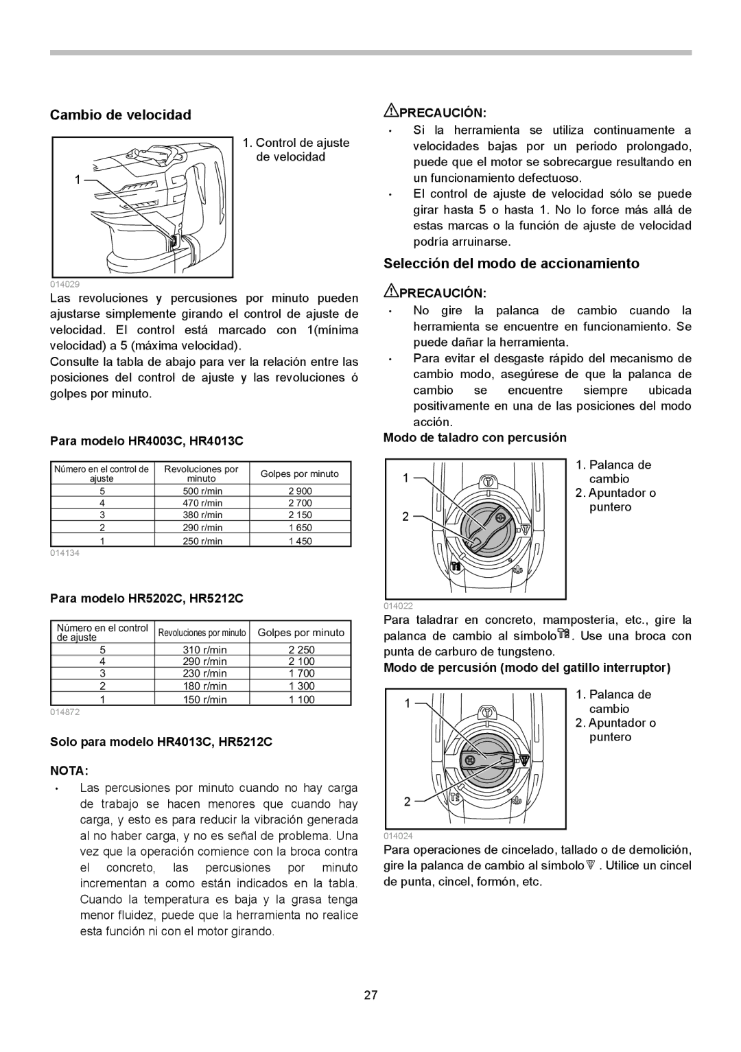 Makita HR4013C instruction manual Cambio de velocidad, Selección del modo de accionamiento 