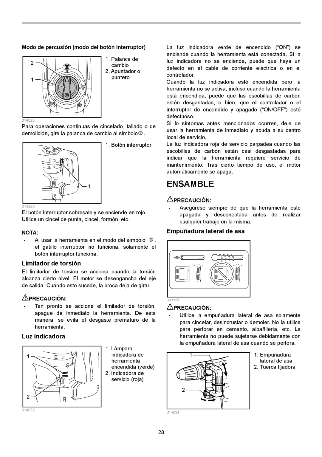 Makita HR4013C instruction manual Ensamble, Limitador de torsión, Empuñadura lateral de asa, Luz indicadora 