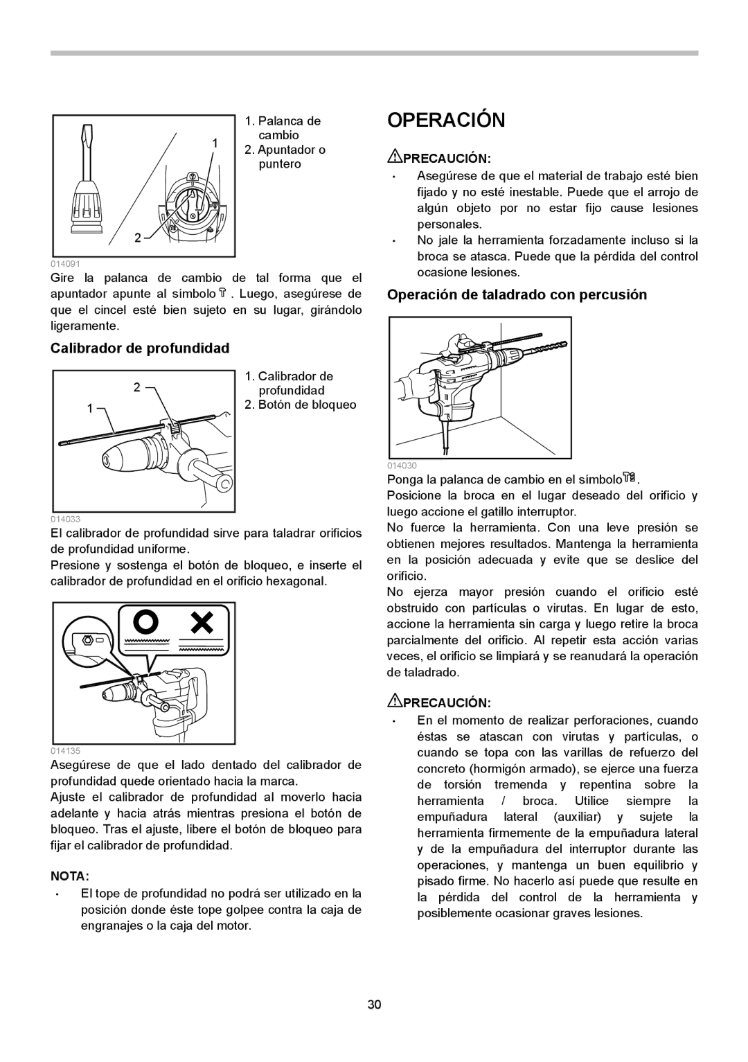 Makita HR4013C instruction manual Calibrador de profundidad, Operación de taladrado con percusión 