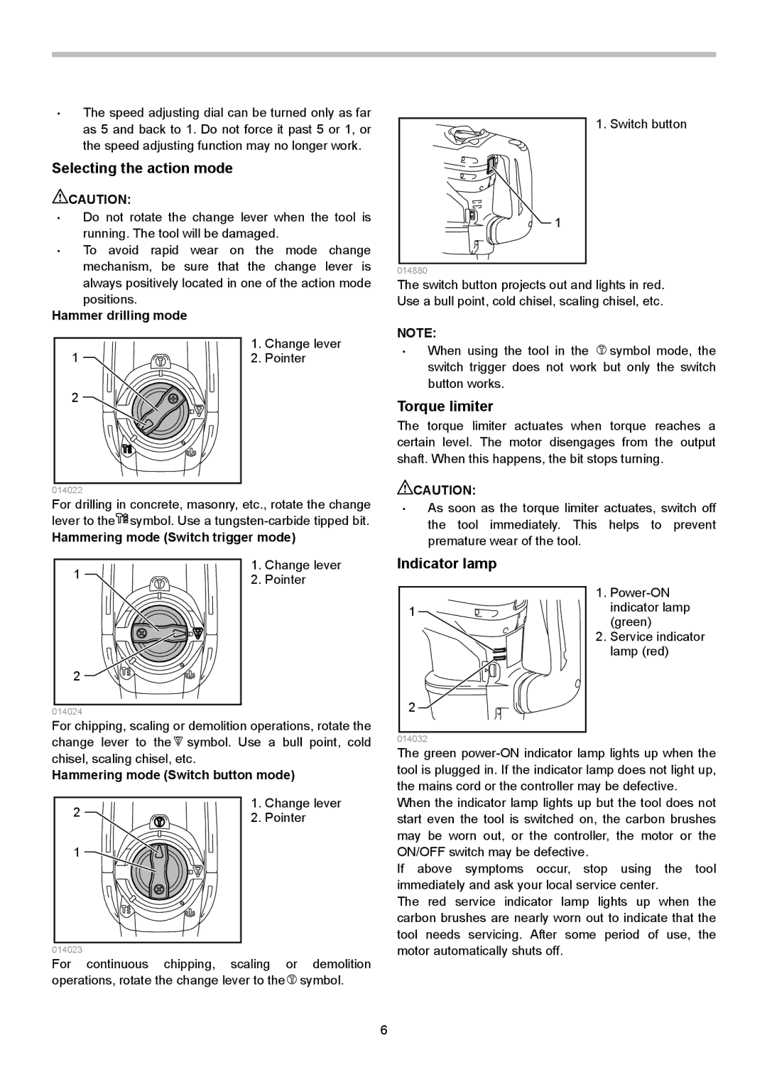 Makita HR4013C instruction manual Selecting the action mode, Torque limiter, Indicator lamp 