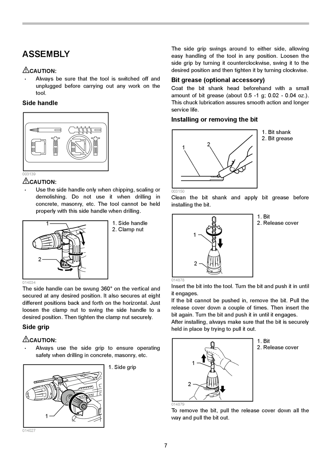 Makita HR4013C Assembly, Side handle, Bit grease optional accessory, Installing or removing the bit, Side grip 