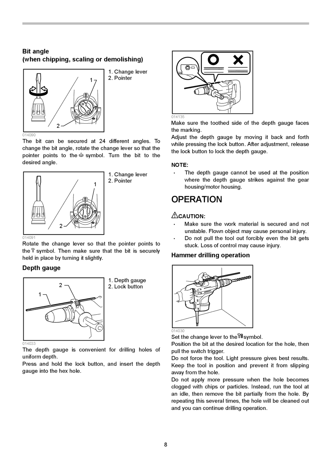 Makita HR4013C Operation, Bit angle When chipping, scaling or demolishing, Depth gauge, Hammer drilling operation 