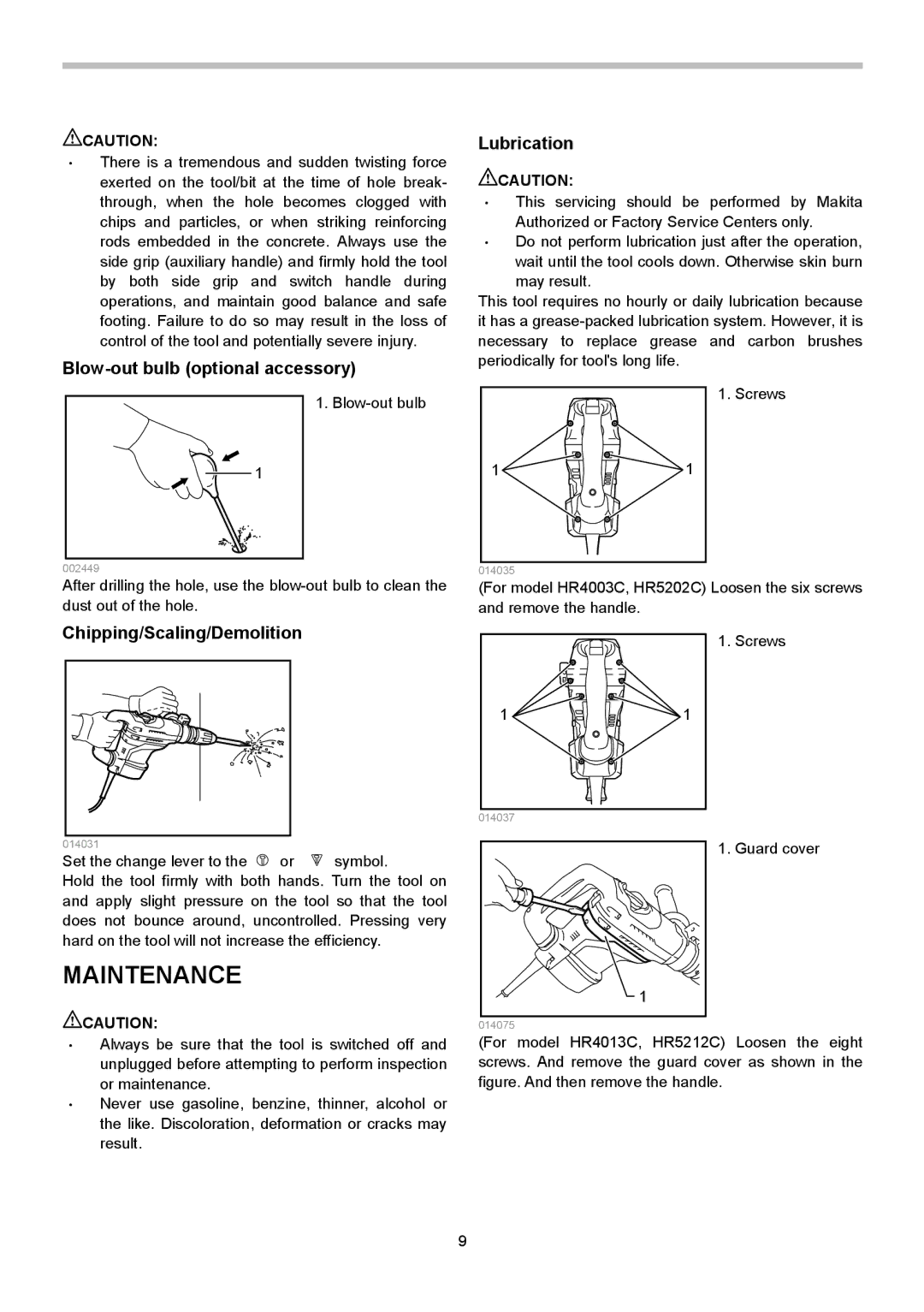 Makita HR4013C instruction manual Maintenance, Blow-out bulb optional accessory Lubrication, Chipping/Scaling/Demolition 