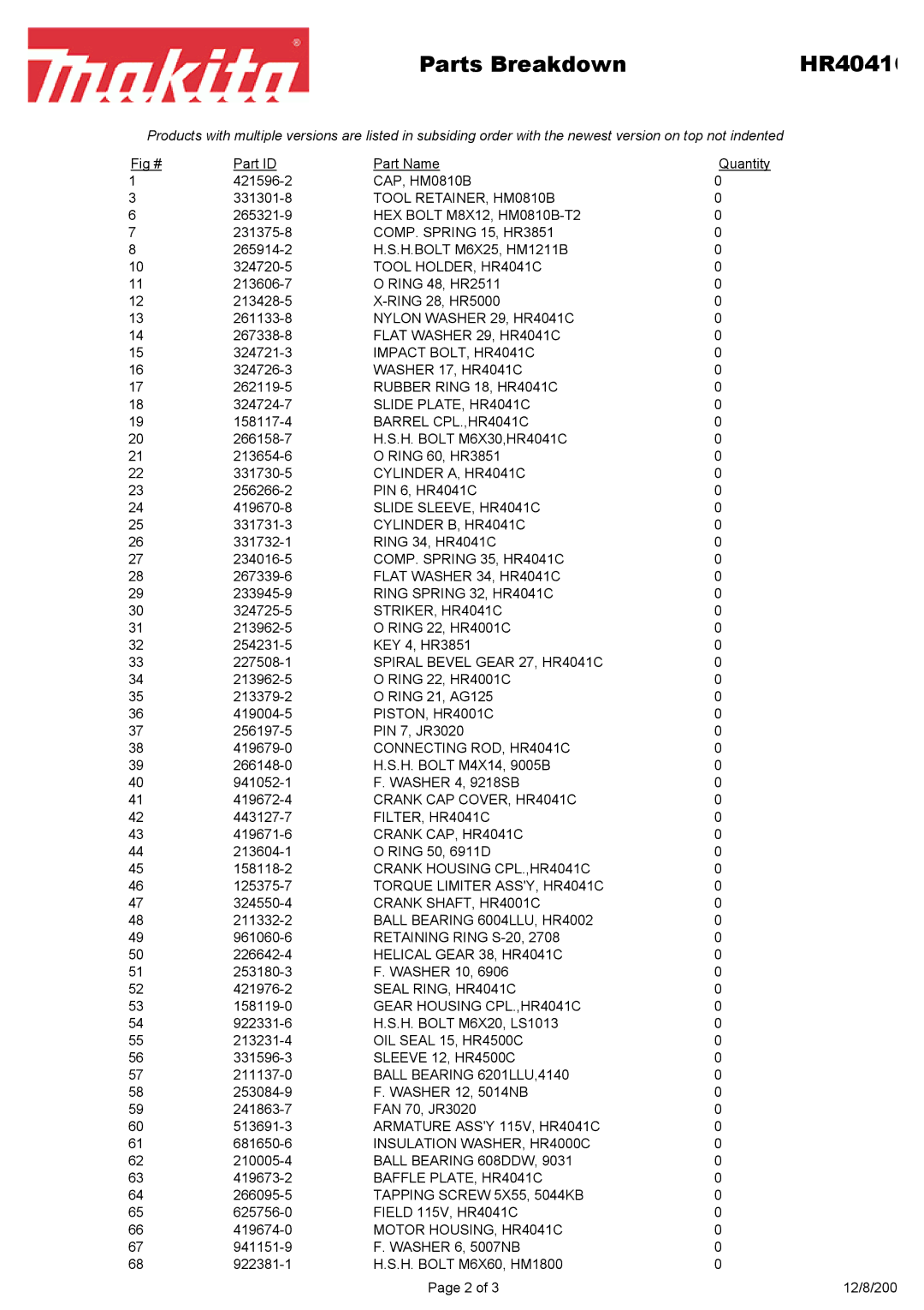 Makita HR4041C manual Parts Breakdown HR4041 