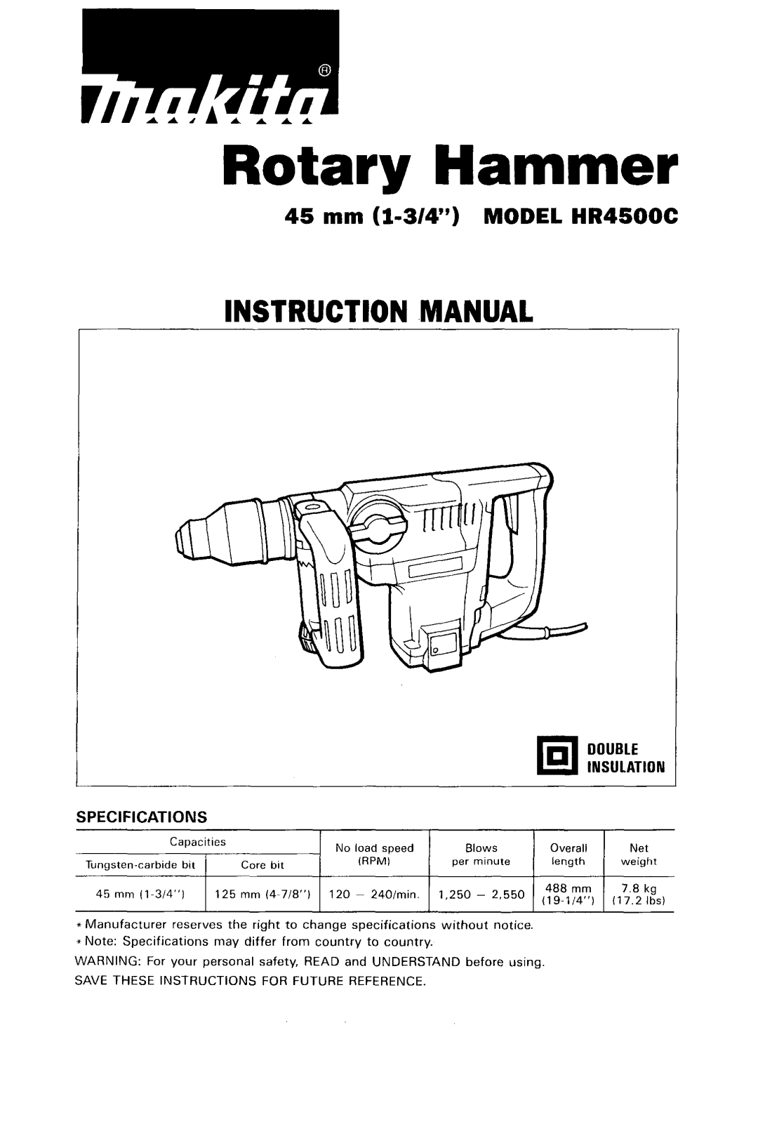 Makita HR4500C instruction manual Rotarv Hammer 