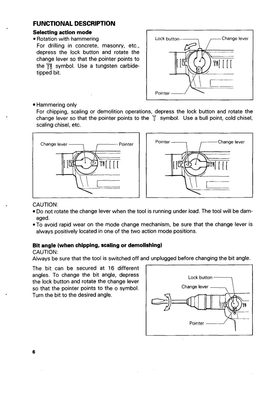 Makita HR4500C instruction manual Functional Description, Selecting action mode 