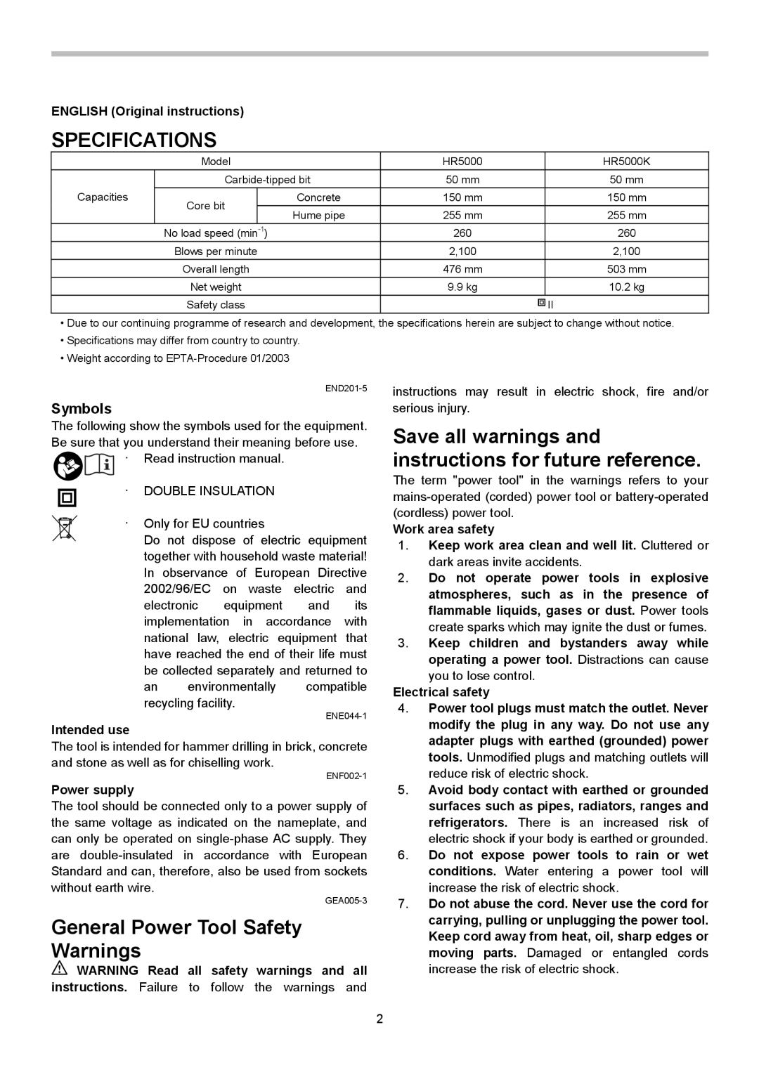 Makita HR5000K instruction manual Specifications, Symbols, English Original instructions, Intended use, Power supply 