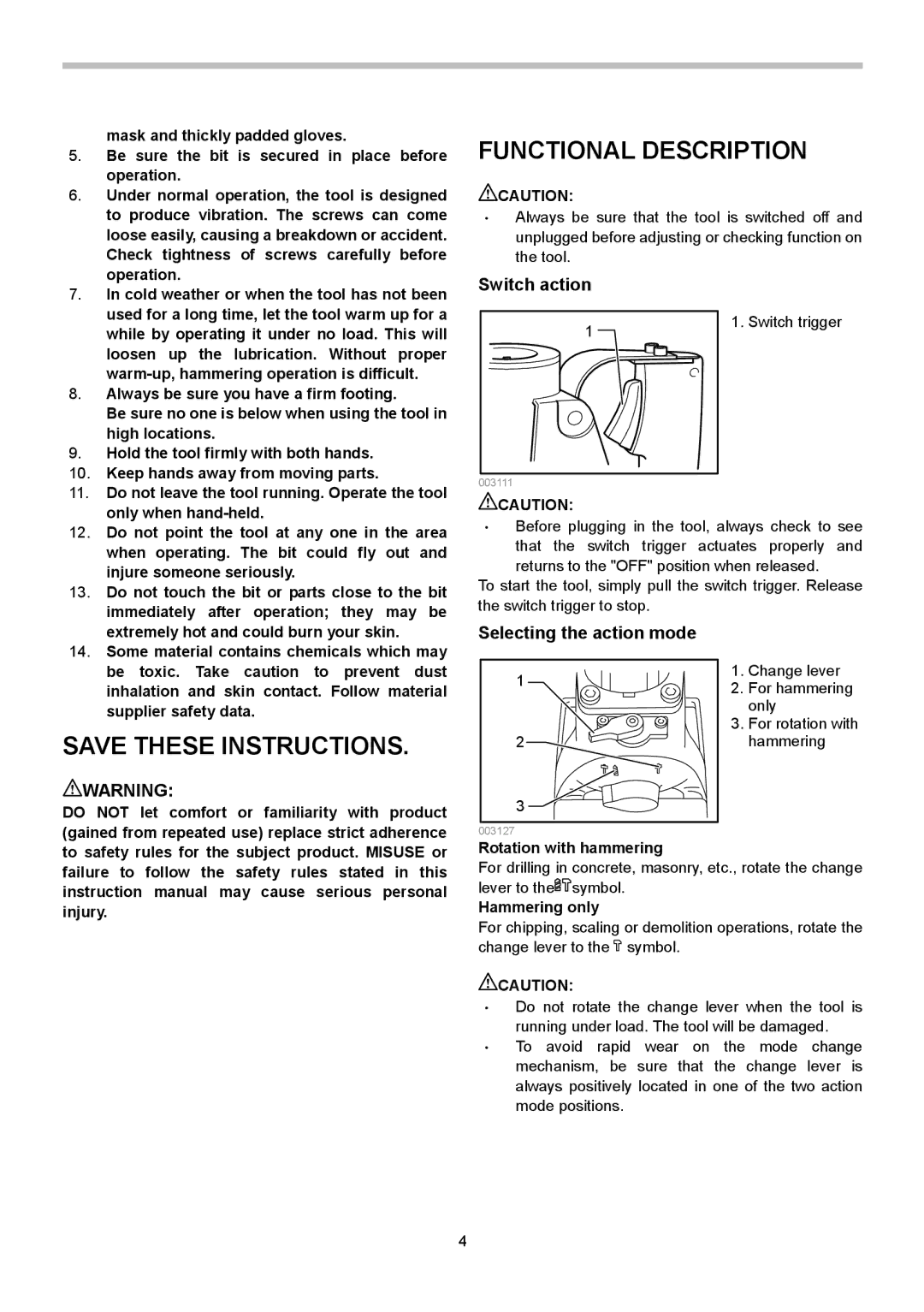 Makita HR5000K instruction manual Functional Description, Switch action, Selecting the action mode 