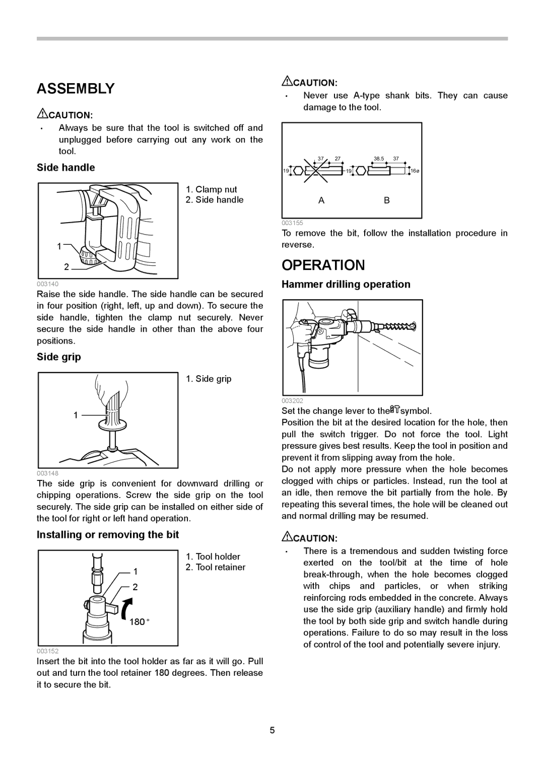 Makita HR5000K instruction manual Assembly, Operation 