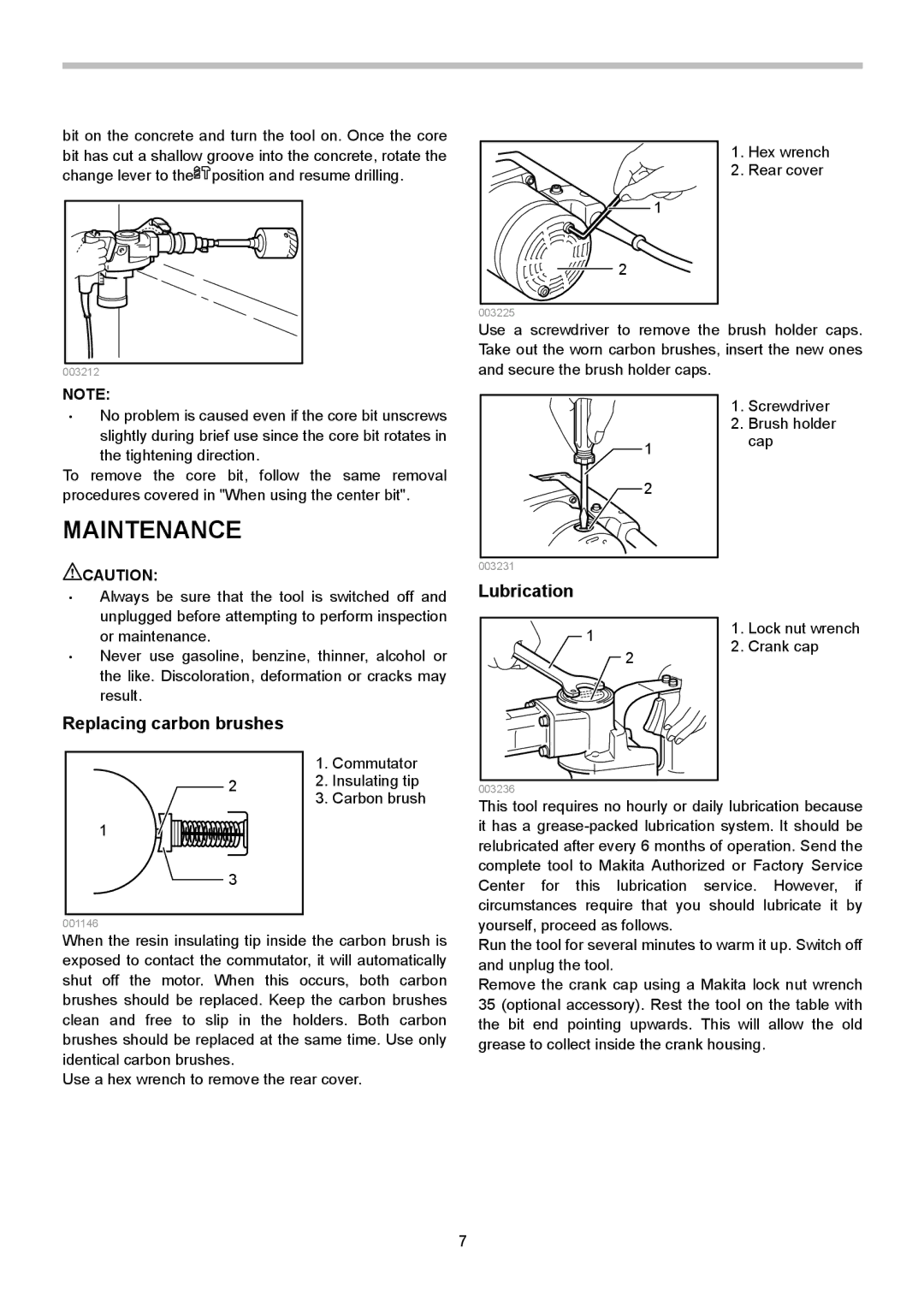 Makita HR5000K instruction manual Maintenance, Replacing carbon brushes, Lubrication 